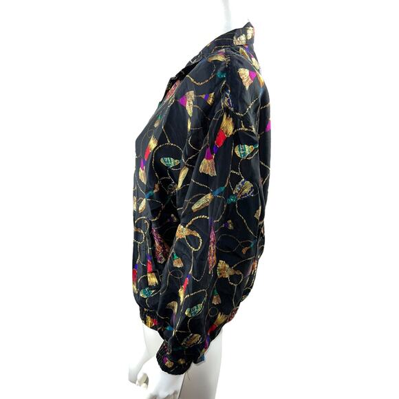 Vintage 90s Rhoda Lynne 100% Silk Tassel Print Bomber Jacket - Size Small - Picture 2 of 9